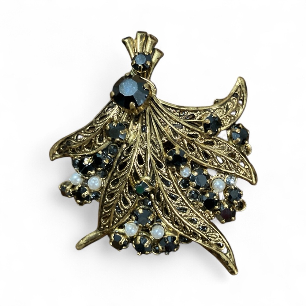 Vintage European Bijou Bouquet Pendant Brooch Filigree Brass Pearls Rhinestones